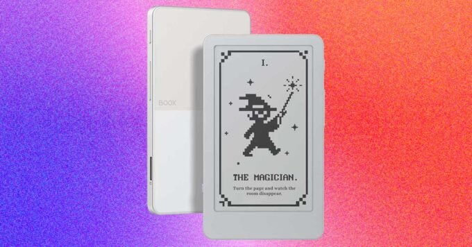 The Boox Picco, a tiny e-reader, shown attached magnetically to the back of a smartphone.