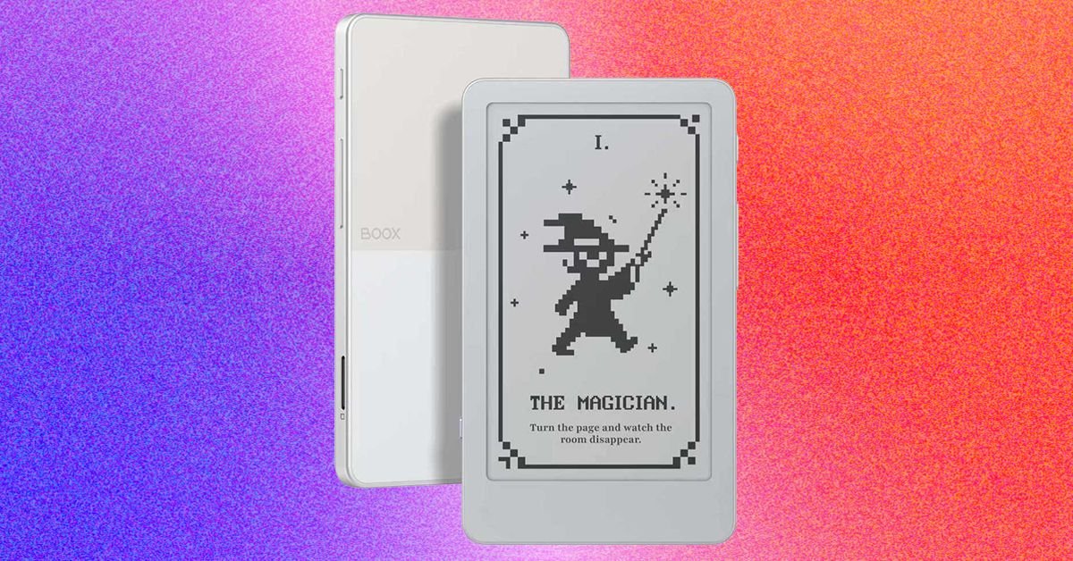 The Boox Picco, a tiny e-reader, shown attached magnetically to the back of a smartphone.