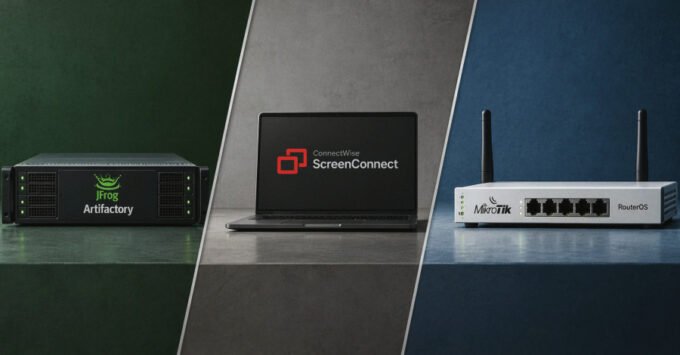 CISA KEV catalog alert with logos of JFrog Artifactory, ConnectWise ScreenConnect, and MikroTik RouterOS, symbolizing critical cybersecurity vulnerabilities.