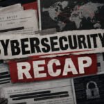A digital lock icon overlaid with various cybersecurity threat symbols like malware, data breach, and network vulnerabilities, representing a weekly cybersecurity recap.