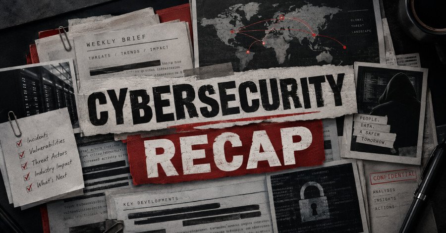 A digital lock icon overlaid with various cybersecurity threat symbols like malware, data breach, and network vulnerabilities, representing a weekly cybersecurity recap.