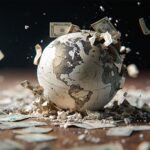 صورة توضيحية لرسوم بيانية اقتصادية تظهر ارتفاع التضخم وأسعار النفط، مع رموز للبنوك المركزية.