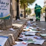 عمال نظافة يجمعون منشورات انتخابية متناثرة في شوارع الدار البيضاء خلال الحملة الانتخابية.