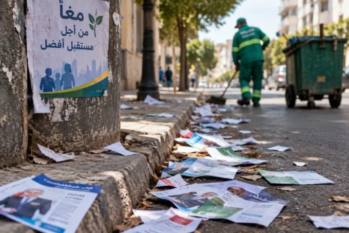 عمال نظافة يجمعون منشورات انتخابية متناثرة في شوارع الدار البيضاء خلال الحملة الانتخابية.