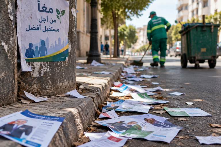 عمال نظافة يجمعون منشورات انتخابية متناثرة في شوارع الدار البيضاء خلال الحملة الانتخابية.