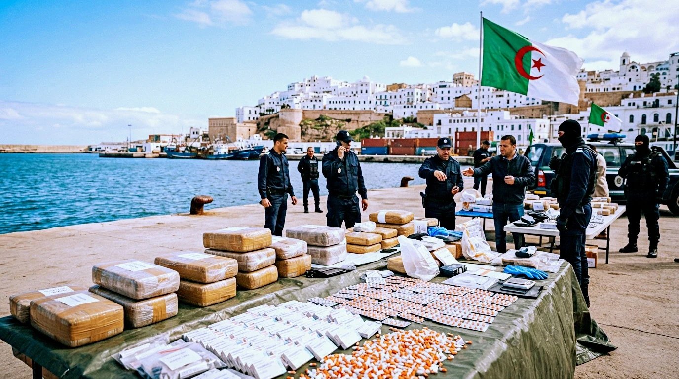 شاحنة تابعة لشركة وطنية جزائرية تم ضبطها محملة بكميات كبيرة من الكوكايين والبريغابالين، في إشارة إلى قضية تهريب المخدرات الأخيرة.