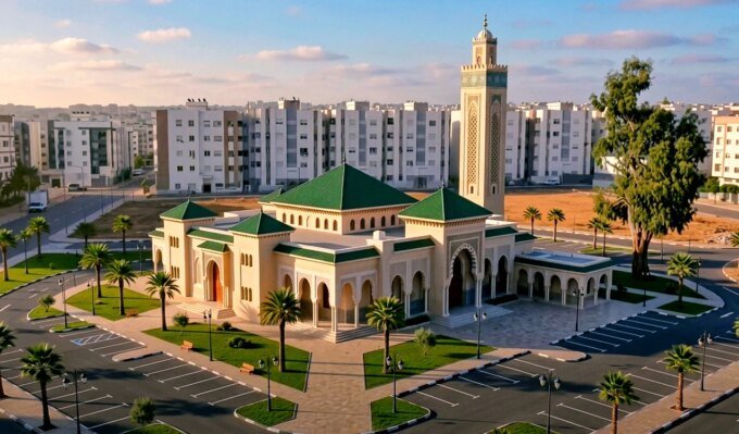 صورة لموقع بناء مسجد جديد في مدينة الصخيرات المغربية، تظهر فيه معدات بناء وعمال، مع خلفية للمجمعات السكنية المحيطة.