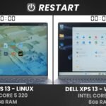 Comparaison côte à côte de deux ordinateurs portables Dell XPS 13, l'un sous Linux Fedora et l'autre sous Windows 11, illustrant leur performance respective.
