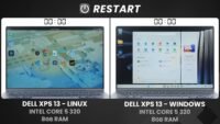 Comparaison côte à côte de deux ordinateurs portables Dell XPS 13, l'un sous Linux Fedora et l'autre sous Windows 11, illustrant leur performance respective.