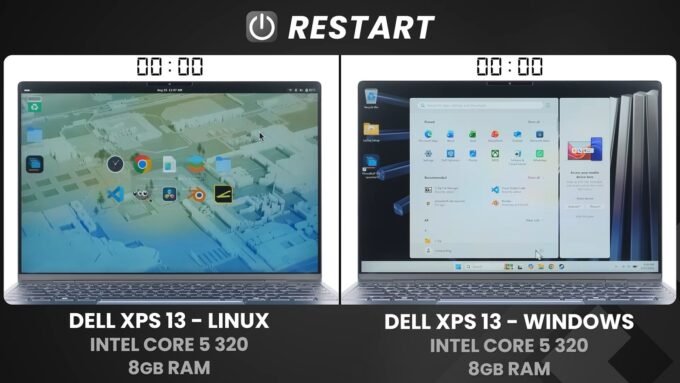 Comparaison côte à côte de deux ordinateurs portables Dell XPS 13, l'un sous Linux Fedora et l'autre sous Windows 11, illustrant leur performance respective.