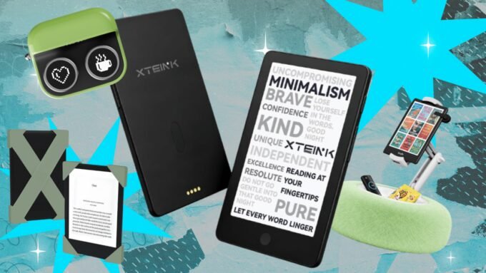 A collection of e-reader gifts including a small e-reader, a remote page turner, and a tablet pillow stand.