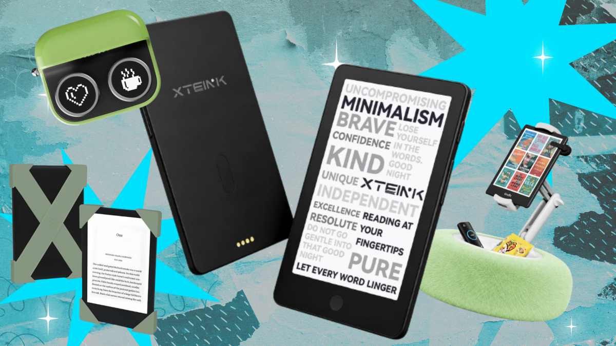 Beyond the Book: Essential Gifts for the Modern E-Reader Enthusiast 3 A collection of e-reader gifts including a small e-reader, a remote page turner, and a tablet pillow stand.