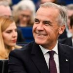 Canadian Prime Minister Mark Carney, EU Parliament President Roberta Metsola, and European Commission President Ursula von der Leyen at the European Parliament in Strasbourg.