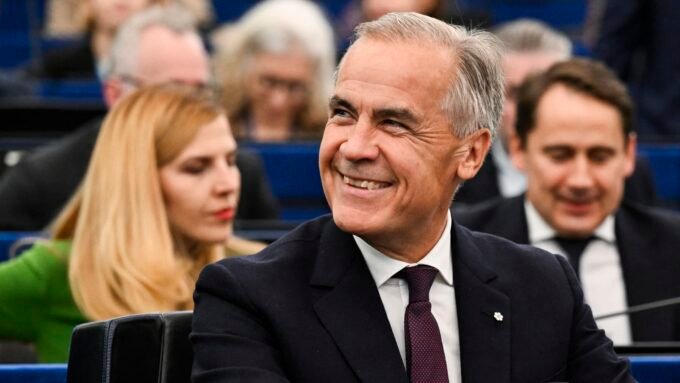 Canadian Prime Minister Mark Carney, EU Parliament President Roberta Metsola, and European Commission President Ursula von der Leyen at the European Parliament in Strasbourg.