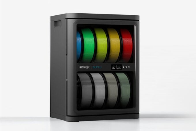 FilaDC i10 filament dehumidifying cabinet with multiple spools of 3D printer filament inside