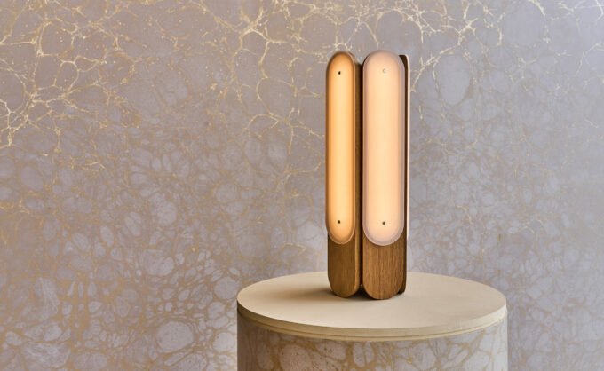 Hollis+Morris Beaufort lighting collection showcasing various pendants, sconces, and table lamps made from wood and sandblasted acrylic.