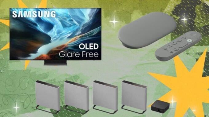 A collection of futuristic home entertainment devices, including a sleek OLED TV, a compact projector, a soundbar, and a gaming handheld, representing the best tech of 2026.