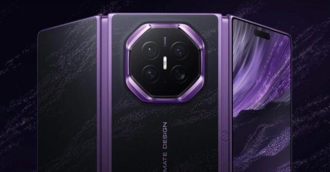 Huawei Mate XT 2 trifold smartphone showcasing its inward-folding design and privacy display feature.