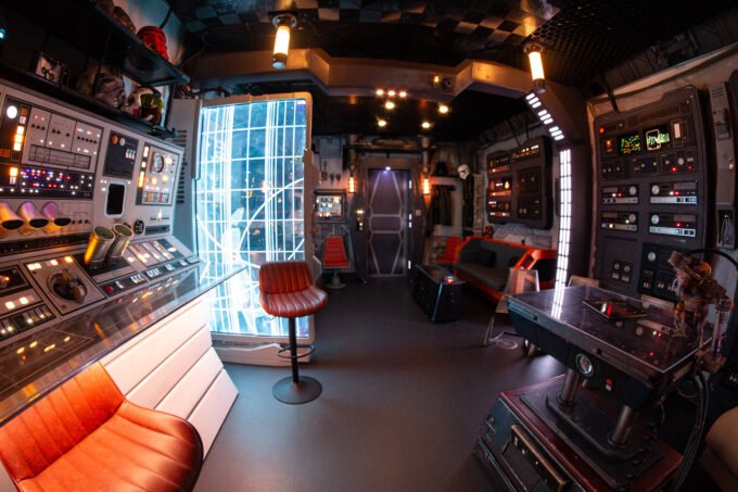Engineers Trent Bateman, David Hirschfield, and Greg Grusby standing in the Star Wars Rebel Hideout at Industrial Light & Magic.