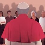 Le Pape Léon XIV en visite en France, avec en arrière-plan des symboles de l'Église et des silhouettes discrètes de personnes, évoquant les victimes d'abus.