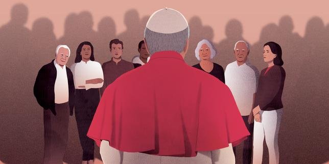 Le Pape Léon XIV en visite en France, avec en arrière-plan des symboles de l'Église et des silhouettes discrètes de personnes, évoquant les victimes d'abus.