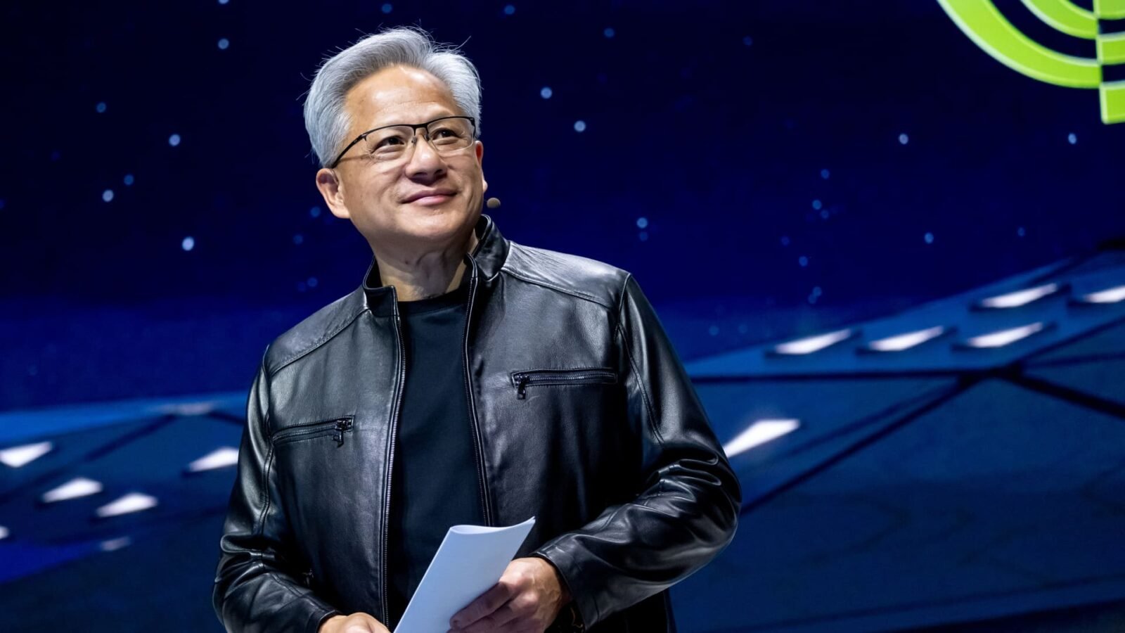 Nvidia logo with a backdrop of circuit boards, symbolizing advanced AI chip technology