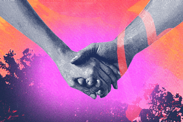 A person's hand gently holding another's, symbolizing support and empathy, with a blurred background suggesting introspection.