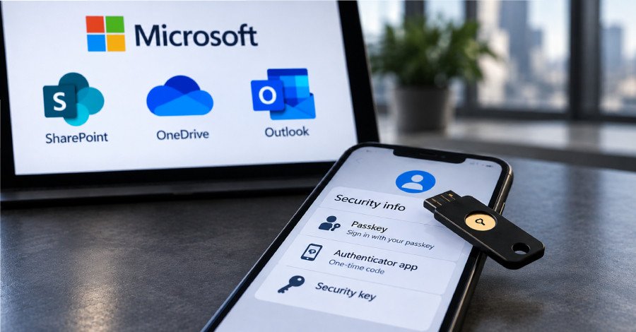 Illustration of a digital lock and key with cloud icons, symbolizing passkey phishing and cloud account compromise in cybersecurity.