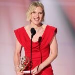 Rhea Seehorn accepting her Emmy award on stage during the 2026 ceremony