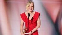 Rhea Seehorn accepting her Emmy award on stage during the 2026 ceremony