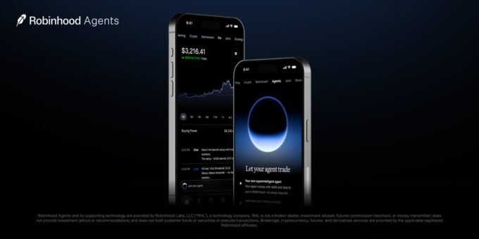 An abstract representation of AI algorithms interacting with stock market data on a Robinhood interface