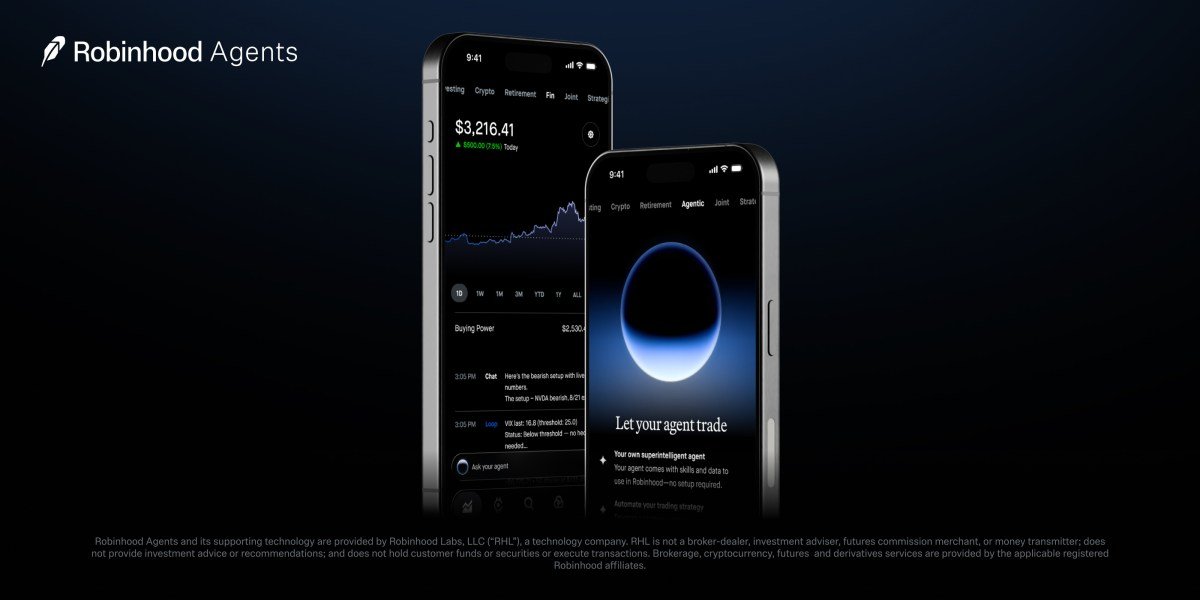 An abstract representation of AI algorithms interacting with stock market data on a Robinhood interface