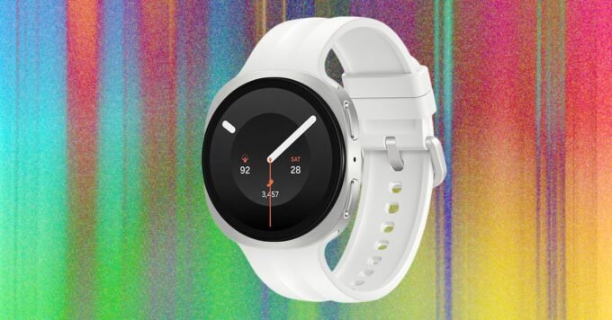 A close-up view of the Samsung Galaxy Watch9 on a wrist, displaying a bright watch face.