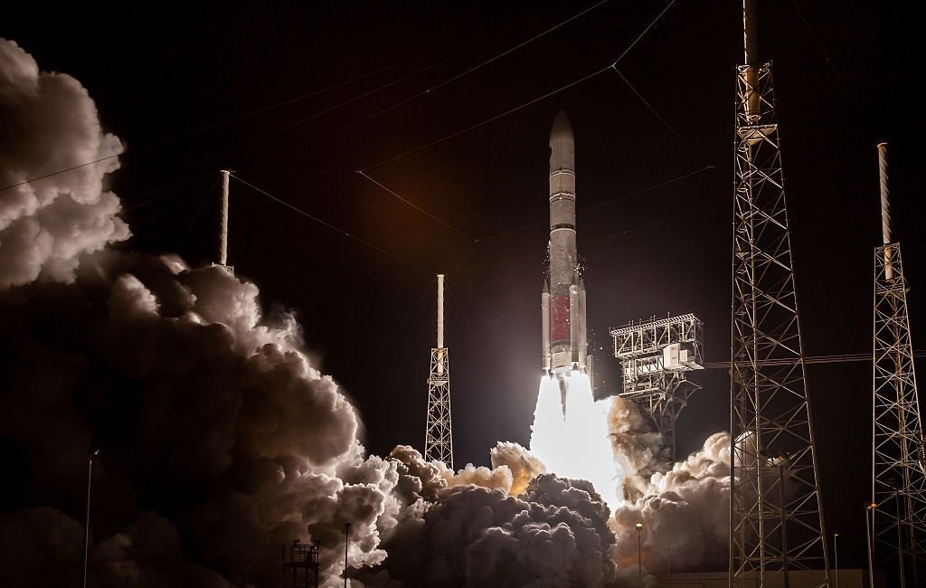 Satellite in Earth's orbit, representing space control weapons technology.