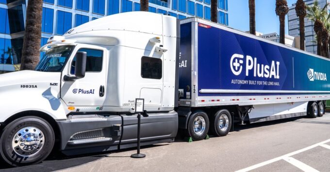 Two large semi-trailers, possibly with PlusAI and Nvidia logos, filled with sand, recovered after a theft attempt.