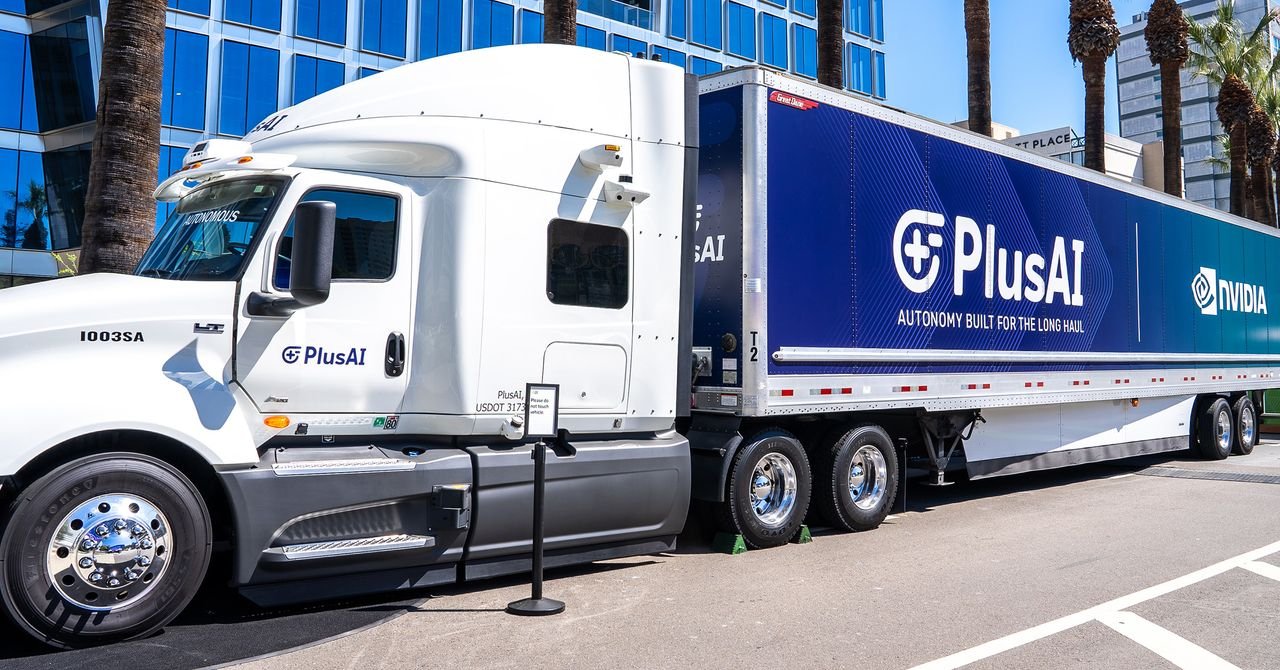 Two large semi-trailers, possibly with PlusAI and Nvidia logos, filled with sand, recovered after a theft attempt.