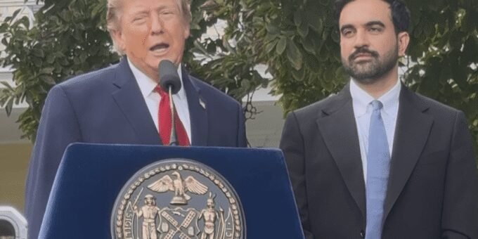 President Donald Trump and Mayor Zohran Mamdani shaking hands or standing together at Gracie Mansion