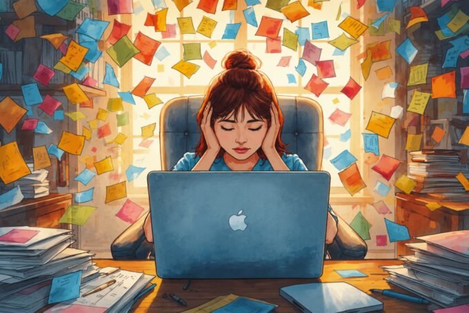 A person looking stressed while staring at a laptop screen, surrounded by charts and data, symbolizing the struggle with controlling outcomes and over-checking work.