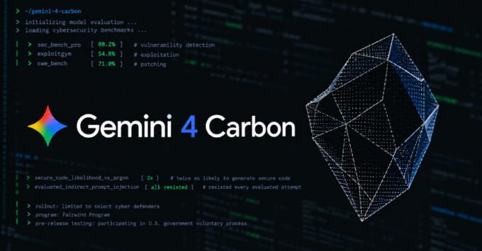 A visual representation of Google Gemini 4 Carbon's AI capabilities in cybersecurity, possibly showing code, a shield, or a network diagram.