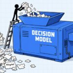 An abstract representation of artificial intelligence making a decision, with cybersecurity alerts and data streams in the background.