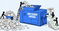 An abstract representation of artificial intelligence making a decision, with cybersecurity alerts and data streams in the background.