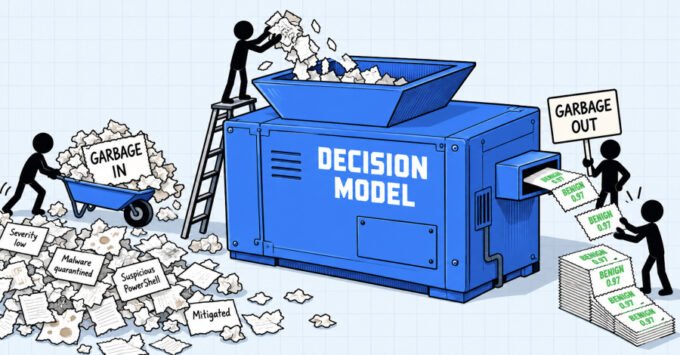 An abstract representation of artificial intelligence making a decision, with cybersecurity alerts and data streams in the background.