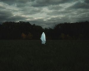 Eerie, atmospheric image of a haunted location in the United States, perhaps a historic mansion or an old lighthouse at dusk.