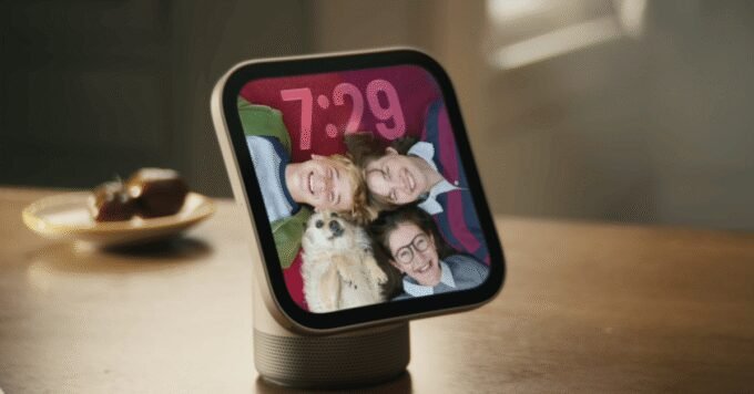 Apple HomeView smart display with a squircle screen on a speaker base, by Apple.