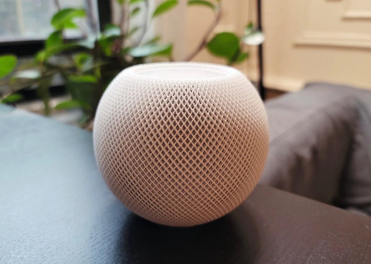 An illustration of the Apple HomeView smart home hub with a display, potentially showing a user interface for controlling smart home devices.