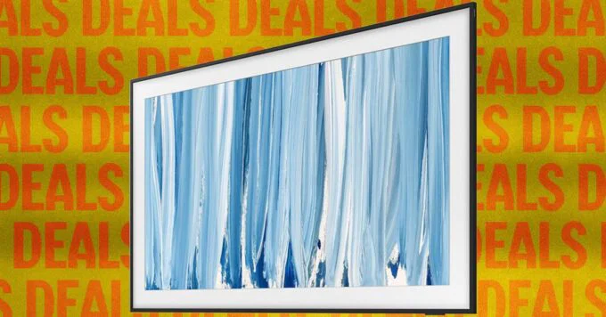 A Samsung Frame TV displaying artwork in a modern living room setting.