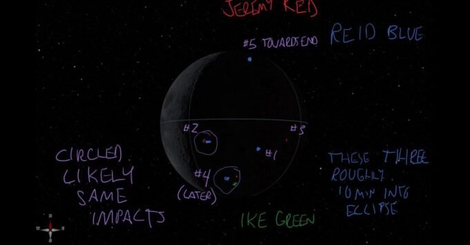 Annotated image from Artemis II showing impact flashes observed on the dark side of the Moon.