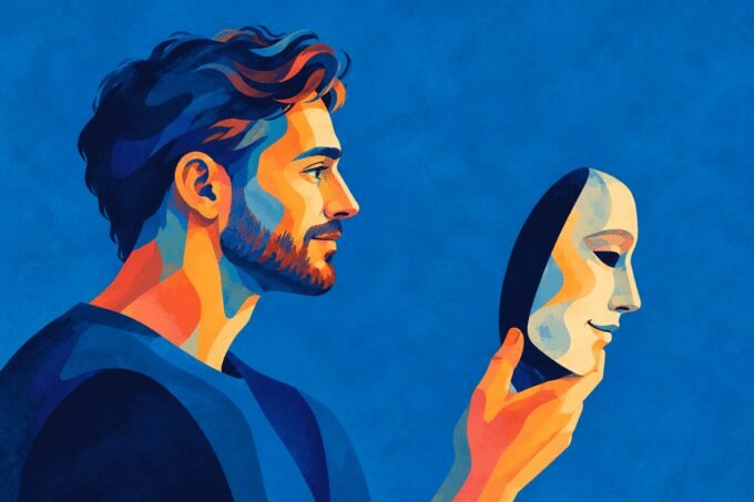 An individual shedding a metaphorical mask, symbolizing freedom and self-acceptance, with a subtle hint of neurodiversity.