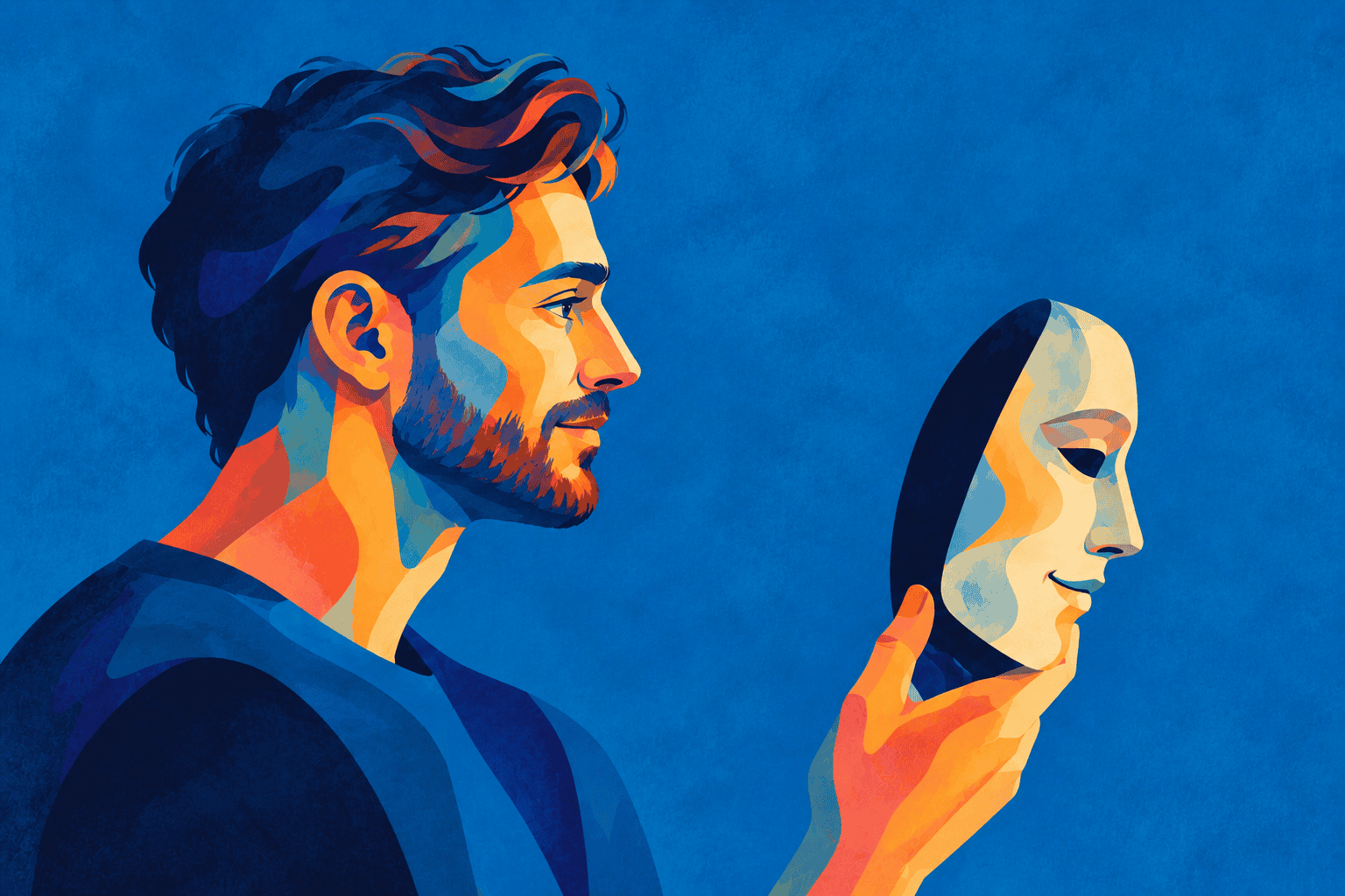 An individual shedding a metaphorical mask, symbolizing freedom and self-acceptance, with a subtle hint of neurodiversity.