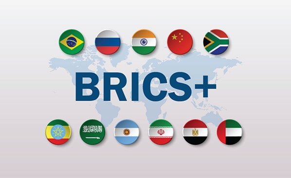 Carte du monde mettant en évidence les pays membres des BRICS+, symbolisant l'émergence d'un nouvel ordre international.